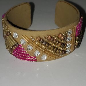 Hollister Junior Girl's Faux Leather Cuff Bracelet Beaded Rhinestones Bohemian